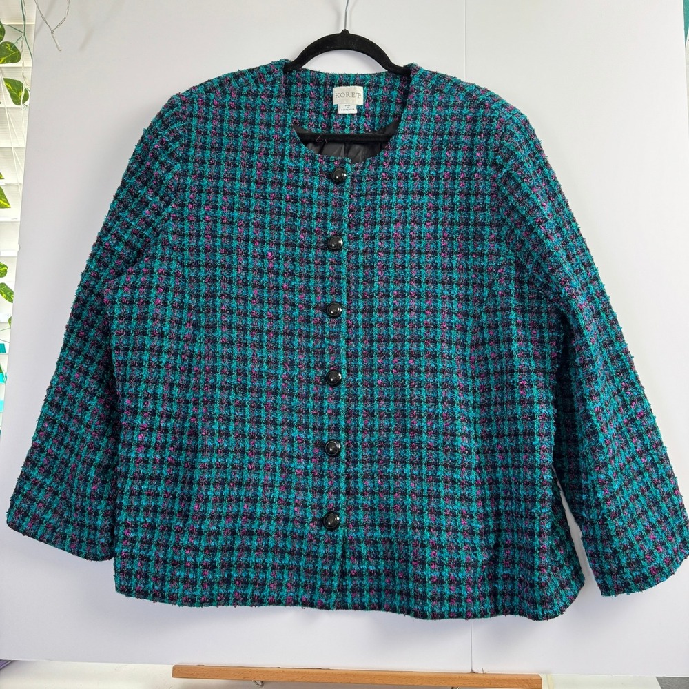 Koret Womens 20W Plaid Tweed Blazer Jacket Teal Magenta Boucle Button Front